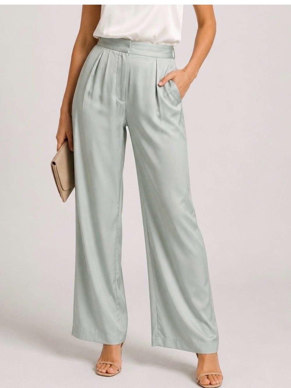Abercrombie & Fitch Satin Wide-Leg Pants in Light Sage Womens 8